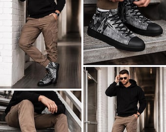 High Top Sneakers | Black Gray Canvas | Men's Graffiti Streetwear Art Shoes