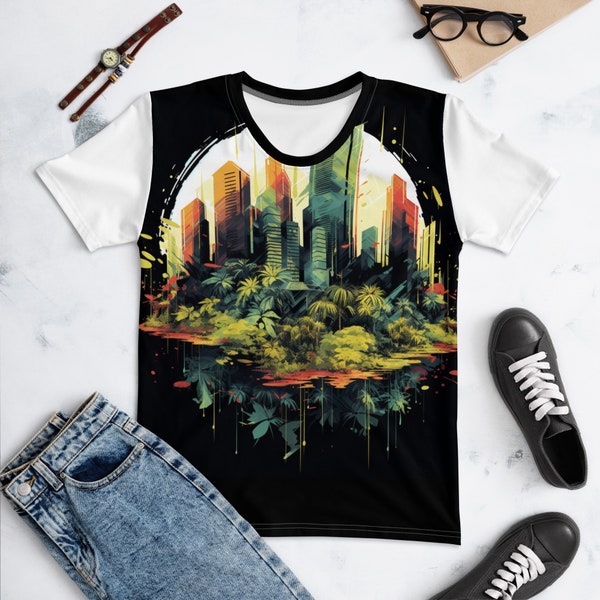 Urban Jungle Women's Graphic T-shirt - Chic Cityscape & Amazonian Vibes | Unique Street Style Tee