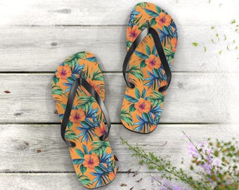 Floral Tropical Flip Flops – Sunset-Orange Hibiscus & Palm Leaves for Summer Comfort
