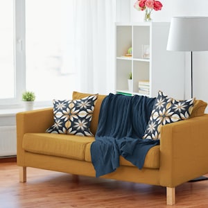Modern Floral Throw Pillow - Navy Blue & Gold Geometric Accent Cushion | 18&quot;, 20&quot;x12&quot;, 22&quot; Sizes