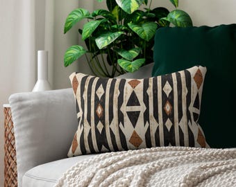 Lumbar Pillow | Black Ivory Rust | African Tribal Geometric Boho