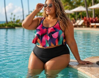 Plus Size Bikini Set | Pink Abstract Print | Flounce Ruffle High Waist Top