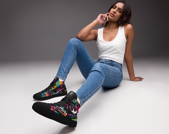 Retro Bliss Women's High-Top Canvas Sneakers - '80s/'90s Graffiti Design