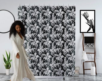 Baroque Opulence Black & White Floral Shower Curtain - Elegant Bathroom Decor
