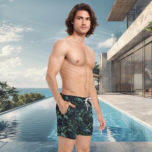 Midnight Tropic-zwembroek - stijlvolle tropische herenzwemkleding, sneldrogende en verstelbare taille, groene en marineblauwe zwembadshort voor de zomer