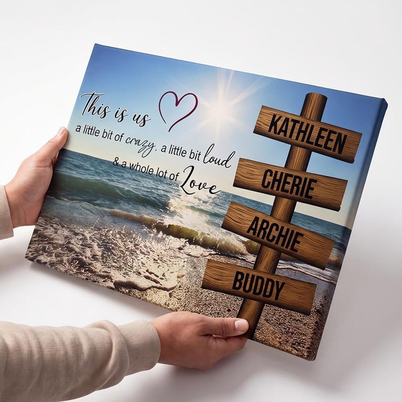 May include: A rectangular canvas print featuring a beach scene with a wooden signpost displaying the names Kathleen, Cherie, Archie, and Buddy. The text reads: This is us, a little bit of crazy, a little bit loud & a whole lot of love, with a heart.