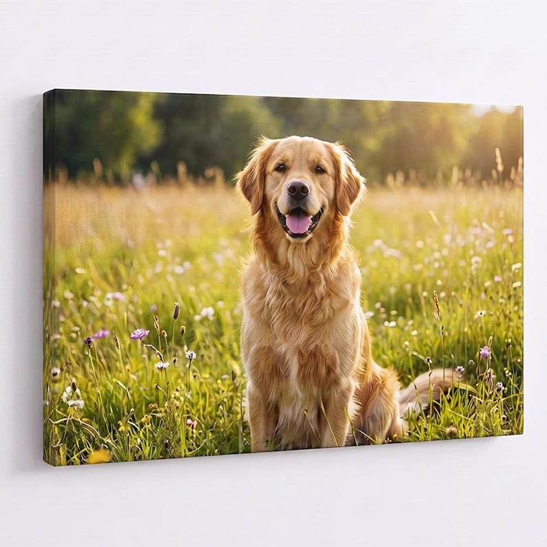 May include: A rectangular canvas print featuring a golden retriever sitting in a sunlit meadow filled with green grass and small wildflowers. The dog has long golden fur, a happy expression with its mouth open, and is looking forward.