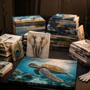 May include: A collection of rectangular canvas prints featuring various subjects including a sea turtle swimming underwater, an elephant portrait, a peacock feather, and a dragonfly. The prints are stacked in multiple piles on a flat surface.