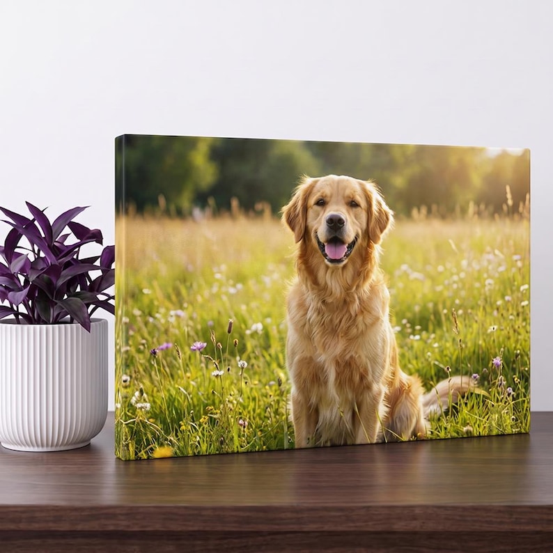May include: A rectangular canvas print featuring a golden retriever sitting in a sunlit meadow filled with tall grass and small wildflowers. The dog has a light golden coat, floppy ears, and an open mouth with its tongue visible.