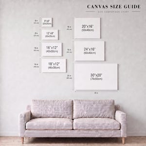 May include: A canvas size guide chart displaying various rectangular canvas dimensions in inches and centimeters, including 8x8, 12x8, 16x12, 18x12, 20x16, 24x16, and 30x20 inches. The chart is positioned above a light-colored two-cushion sofa.