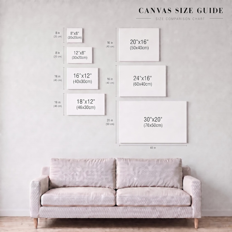 May include: A canvas size guide chart displaying various rectangular canvas dimensions in inches and centimeters, including 8x8, 12x8, 16x12, 18x12, 20x16, 24x16, and 30x20 inches. The chart is positioned above a light-colored two-cushion sofa.