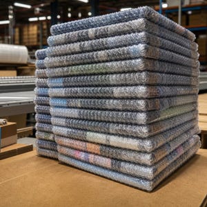 May include: A tall, vertical stack of rectangular items individually wrapped in clear, textured bubble wrap. The items are layered neatly on top of one another, creating a uniform column with visible edges showing hints of various colors beneath the plastic.