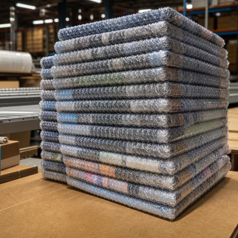 May include: A tall, vertical stack of rectangular items individually wrapped in clear, textured bubble wrap. The items are layered neatly on top of one another, creating a uniform column with visible edges showing hints of various colors beneath the plastic.