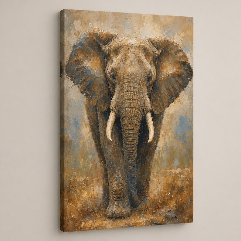 May include: A vertical canvas wall art piece featuring an oil painting of an elephant. The elephant is depicted in shades of brown, tan, and grey with visible brushstrokes. It has large ears, a long trunk, and two tusks, set against a textured background.