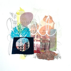 Piccolo collage astratto con tecnica mista su carta da acquerello, decorazione murale firmata a mano, piccoli formati, regalo di immagini d'arte locale, ritaglio di carta