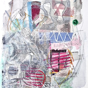 Piccolo collage astratto con tecnica mista su carta da acquerello, piccola immagine firmata a mano, arte locale, regalo di immagini, casa e soggiorno, originale