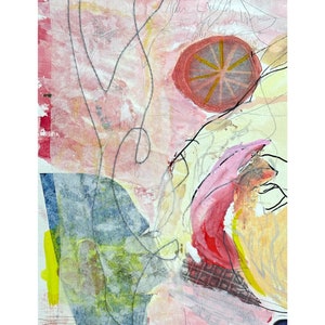 Piccolo collage astratto con tecnica mista su carta da acquerello, immagine firmata a mano, piccoli formati, arte locale, immagine regalo, casa e vita