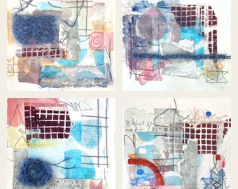 4 teilige abstrakte Bildserie, upcycling Papier Collageserie , farbenfrohe Original Serie, Bildgeschenk, farbenfrohe Collageserie 14x14 cm