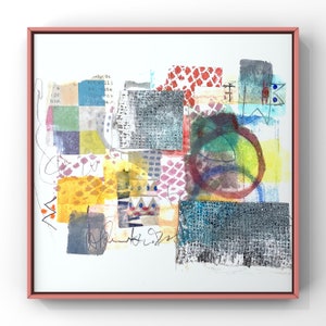 Collage di carta con tecniche miste, immagine originale firmata a mano, collage di carta e tessuto, immagine astratta, piccola immagine colorata