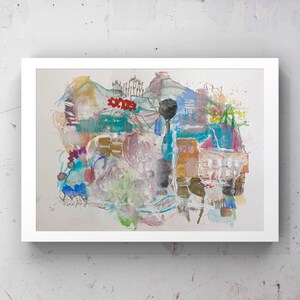 Piccolo collage ad acquerello su carta, immagine astratta firmata a mano, originale colorato, regalo di immagini, arte di marcatura, arte multimediale mista