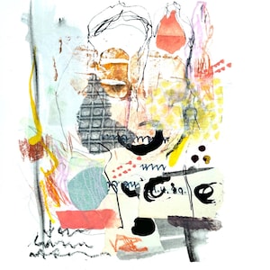 Piccolo collage astratto con tecnica mista su carta da acquerello, immagine firmata a mano, piccoli formati, arte locale, immagine regalo, casa e vita