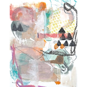 Piccolo collage astratto con tecnica mista su carta da acquerello, piccola immagine firmata a mano, arte locale, regalo di immagini, casa e soggiorno, originale
