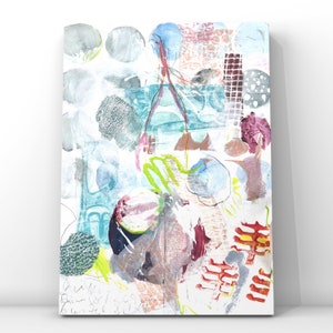 Collage di carta con tecnica mista, immagine originale firmata a mano, immagine astratta di collage di carta e tessuto, immagine colorata, immagine regalo