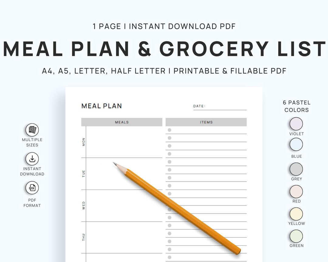 Meal Plan Printable Grocery List Printable Instant Download PDF ...