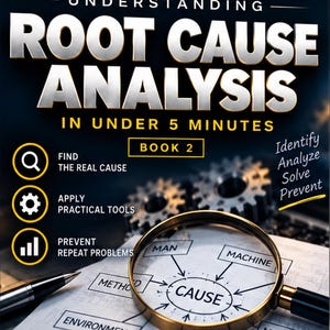 May include: A book cover titled Understanding Root Cause Analysis in Under 5 Minutes Book 2 by Justin M. Taylor. The cover features a magnifying glass over a fishbone diagram with labels for man, machine, method, environment, measurement, and material.