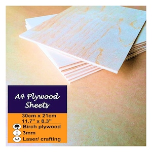 May include: A stack of A4 birch plywood sheets, 3mm thick, measuring 11.7 inches by 8.3 inches. The sheets are ideal for laser cutting and crafting projects.