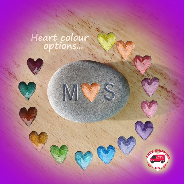 Wedding Anniversary Gift, Oath Stone, Heart Colours, Engagement Love Heart Stone, Hand Carved, Thoughtful Gift, Heart & Initials, Rock Stone