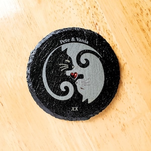Personalized Cats Slate Coaster: Red Heart Yin Yang Design