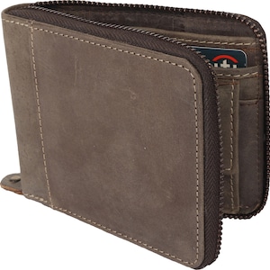 Echtleder Two-Folded Wallet für Männer - Runder Reißverschluss grau klassische schwarze, langlebige und stilvolle Alltagsbrieftasche