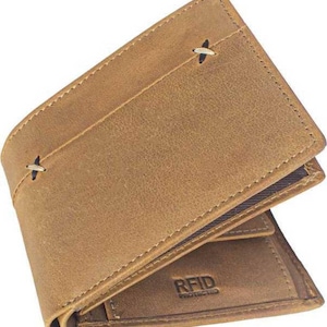 Men's RFID Genuine Leather Wallet - Gifts For Him - Anniversary Gift - Custom Wallet Men Trendy, Formal, Casual Tan Leather Wallet