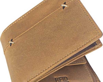 Men's Tan Leather RFID Wallet – Handmade Bifold Design