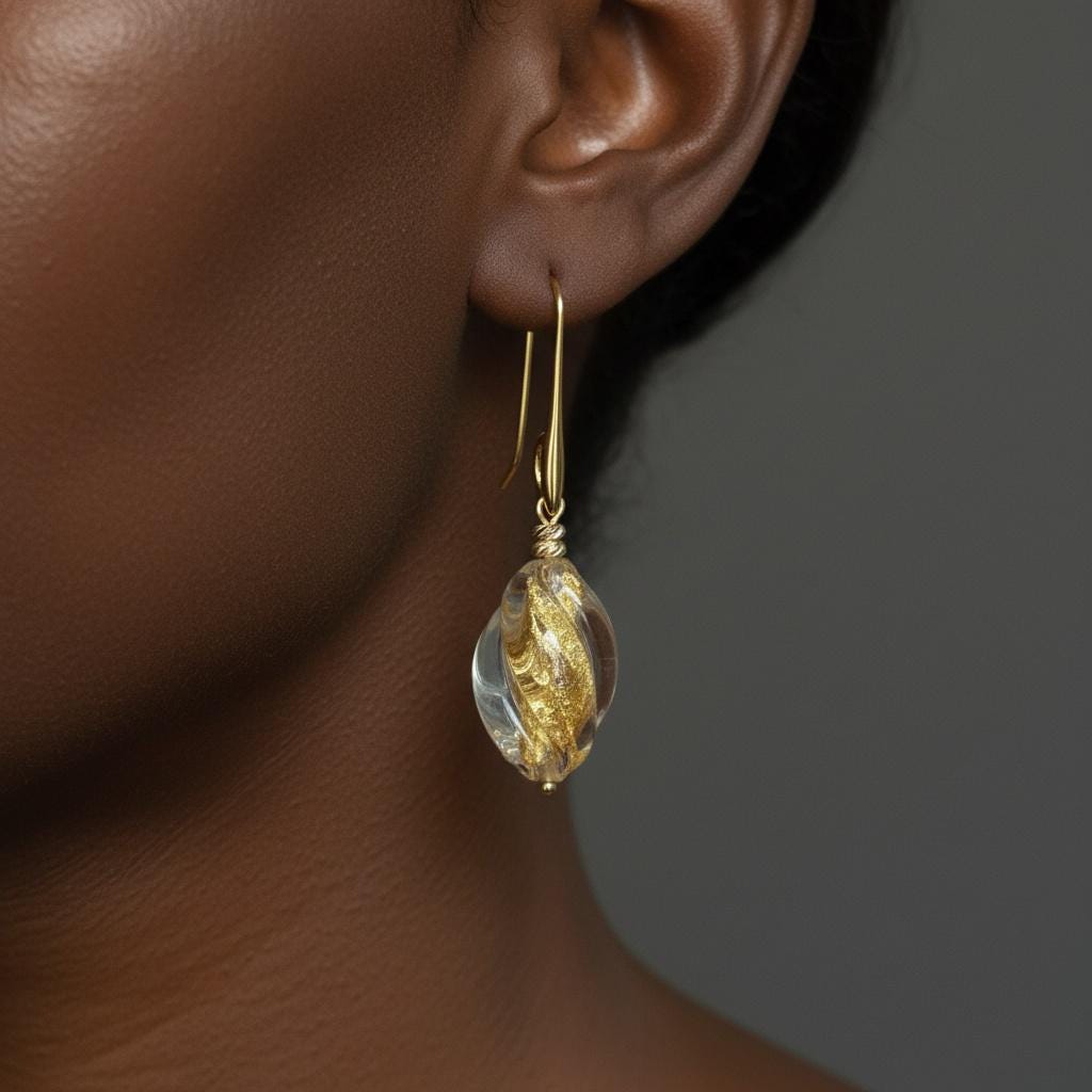 Boucles D'oreilles Murano – Dorées, Cabochons Verre Et Strass, Clips, Très Bon état