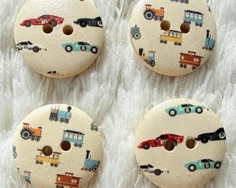 May include: Six round wooden buttons with a cream background. Each button features a repeating pattern of colorful cars and trains. The buttons have two holes for sewing and are ideal for crafts and sewing projects.
