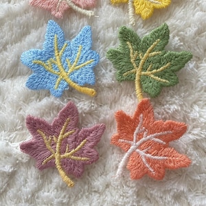 Può includere: Sei toppe di foglie d'acero in feltro ricamate in vari colori: rosa, giallo, azzurro, verde, rosa e arancio. Ogni foglia ha uno stelo e delle venature bianche.