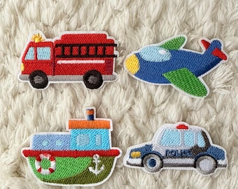 4CM Kids Baby Embroidered Fire Truck Airplane Boat Police Car Iron On Clothing Patches DIY Crochet Project Deco Sewing and Kids Craft Supply
