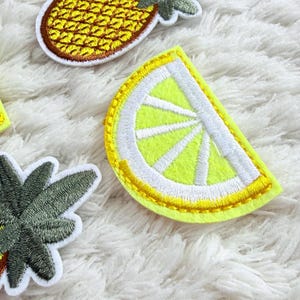 May include: Embroidered patches of a pineapple and a lemon slice. The pineapple is yellow with a brown border and green leaves. The lemon slice is yellow with a white rind and yellow stitching. These patches are likely for clothing or accessories.