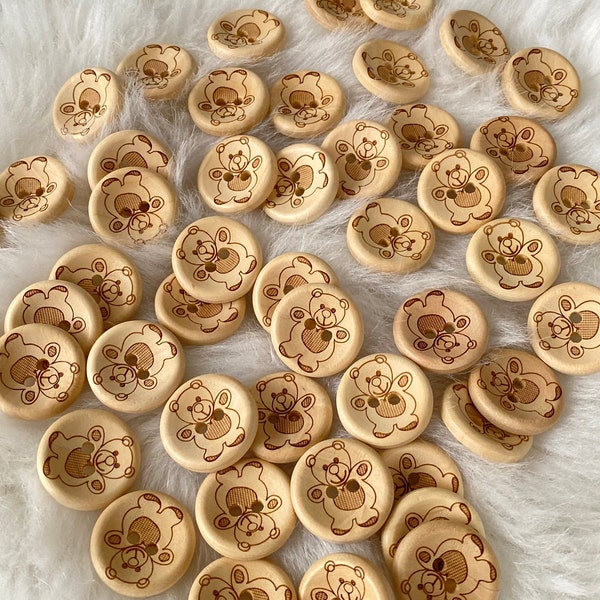Kids Wood Bear Round Button, Nice Wood Sewing Button, Kids Wood Sewing Button Supply, Round 20mm Buttons, Baby Bear Natural Wood Buttons