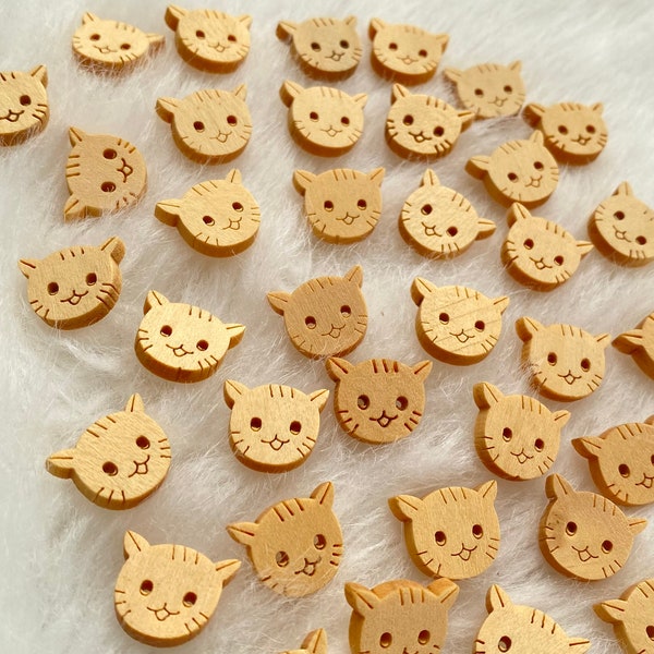 Kids Baby Wooden Cat Sewing Buttons, Natural Wood Cat Head Clothing Buttons, Kinder Holz Katze Knöpfe, Diy and Scrapbooking
