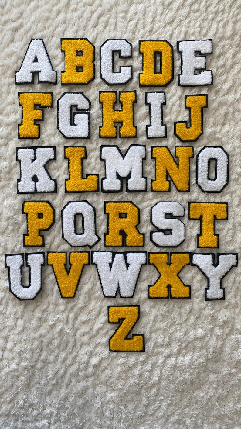 7 cm große Chenille-Aufnäher zum Aufbügeln, weiß, gelb, Alphabet A-Z, für Herren, Bekleidungszubehör, Nähen und Bastelbedarf für Kinder, Deko, DIY-Projekt Bild 1