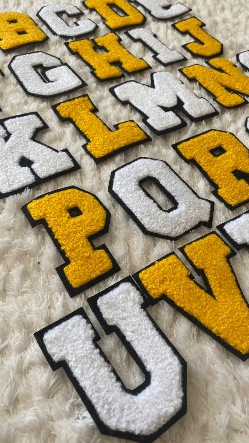 7CM Mujeres Adolescente Chenille Hierro sobre blanco amarillo Alfabeto A-Z Parches, Accesorios de ropa para hombres, Costura y suministros para manualidades para niños Deco, Proyecto de bricolaje imagen 8