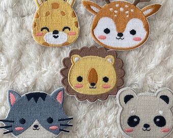 Baby Kids Cute Small Animal Head Self Adhesive Iron On Embroidery Clothing Patch, DIY Panda Lion Cat Giraffe Deer Clothing Accessory Patches