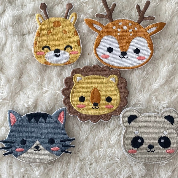 Baby Kids Cute Small Animal Head Self Adhesive Iron On Embroidery Clothing Patch, DIY Panda Lion Cat Giraffe Deer Clothing Accessory Patches