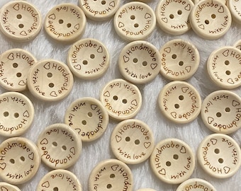 Women Natural Wood Handmade with Love Buttons, Baby Round 15mm 20mm Wood Buttons, Kids Wood Handmade Button