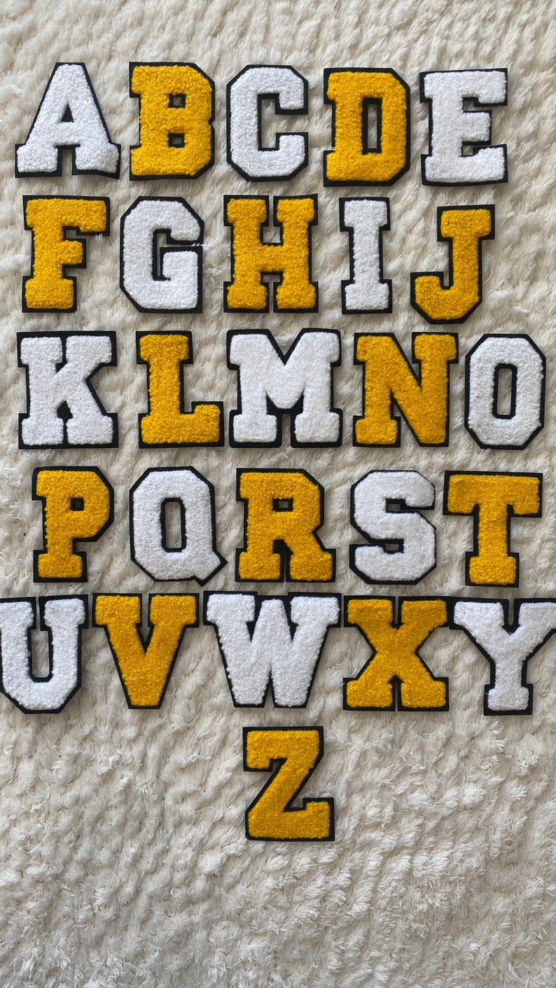 7 cm große Chenille-Aufnäher zum Aufbügeln, weiß, gelb, Alphabet A-Z, für Herren, Bekleidungszubehör, Nähen und Bastelbedarf für Kinder, Deko, DIY-Projekt Bild 4