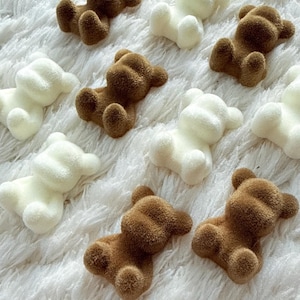 Peut inclure: Une collection de petites figurines en forme d'ours disposées en grille. Les ours alternent entre une couleur blanche unie et une finition marron texturée et duveteuse, chacun présentant des oreilles arrondies, une tête définie et de petits membres.