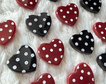 Glossy Polka Dot Heart Red Black with White Shank Sewing Buttons, DIY Decorative Clothes Blouse Jacket Project Accessories, Craft Supply